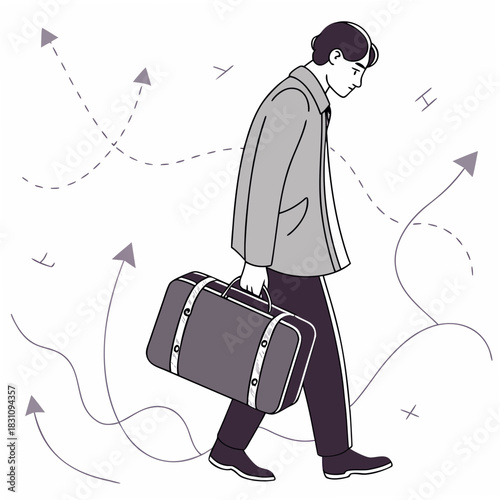 Man carrying a suitcase walks with uncertainty amidst diverging paths and arrows indicating different directions