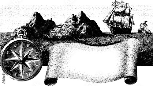 Vintage compass and ship illustration on a scroll. Retro engravings depict a nautical scene in a detailed vector art set.