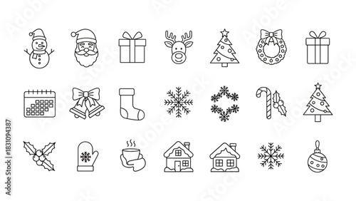 Christmas Icon Array: An array of charming Christmas icons, perfect for conveying festive cheer in a minimalistic design, suitable for various holiday-themed projects.