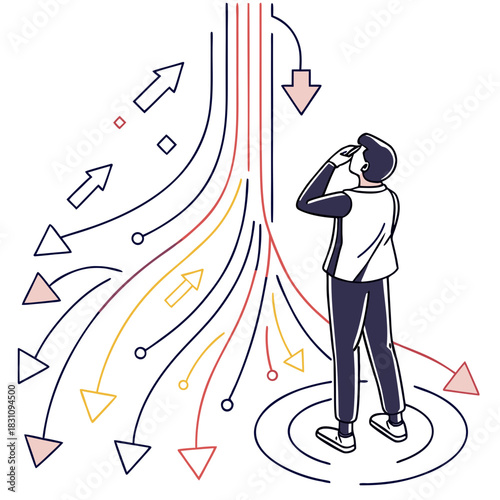 Man observing diverging and converging pathways with arrows representing choices and direction in business strategy