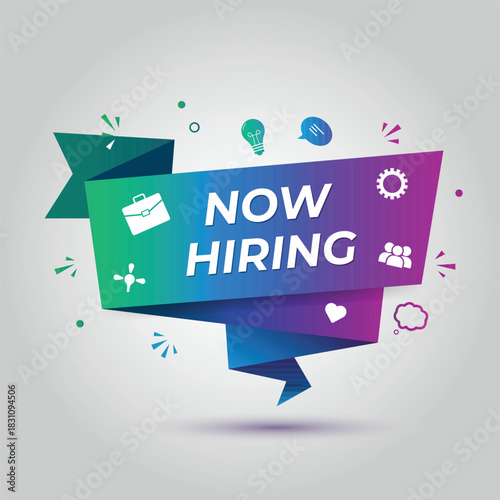 Colorful banner announcing now hiring with business and idea icons