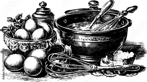 Antique engraving featuring a set of kitchen elements, including a bowl with eggs, a whisk, and a pot in a decorative vector illustration.