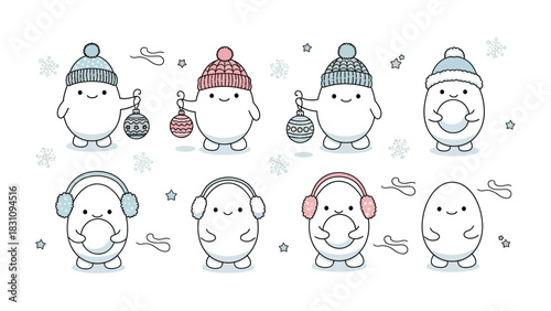 Cute Winter Characters with Ornament and Ear Muffs: A delightful illustration showcases a group of charming winter-themed characters, each adorned with knitted hats, ear muffs, and holding ornaments.