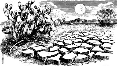 Cactus silhouette in black drawing style. Vintage vector illustration of a dry landscape with cracked terrain and a sun backdrop.