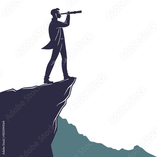 Silhouette of a businessman standing on a cliff edge looking through a telescope into the distance