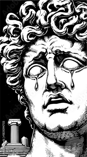 Crying statue in monochrome. Emotional expression captured in a vector illustration with classical details, suitable for artistic representation.