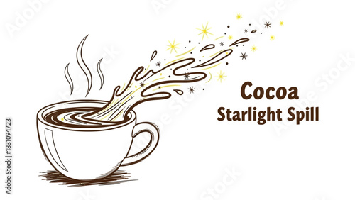 Cocoa's Stellar Splash: An illustration captures the artistry of a cocoa spill. Steam rises gracefully, while playful starlight scatters across. The image evokes delight and whimsy