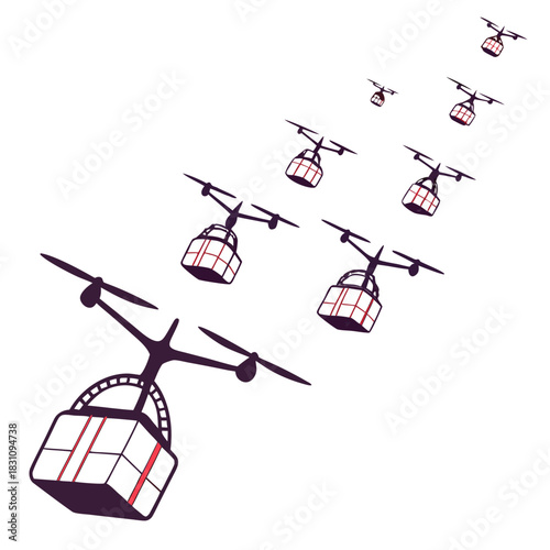 A fleet of delivery drones carrying packages in a diagonal formation across a white background