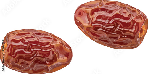 Glossy dried dates isolated on white background with wrinkled texture, reddish-brown color, healthy snack fruit for culinary use