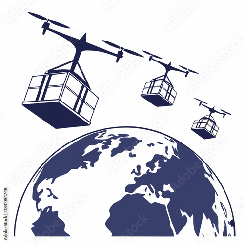 Delivery drones transport cargo boxes around the globe symbolizing worldwide logistics and modern transportation solutions