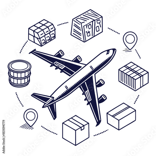 Airplane transporting cargo boxes and packages around the world with location pins indicating delivery points