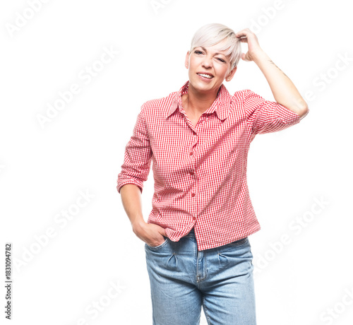Forgetful woman scratches her head, isolated on white background. Reminder concept.