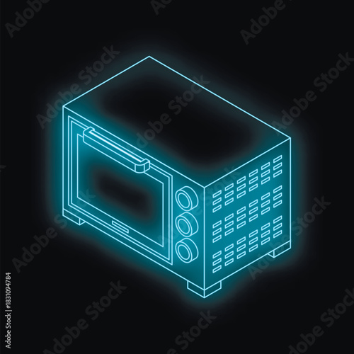 Electric oven isometric projection glowing with blue neon light on black background, representing kitchen appliance and cooking