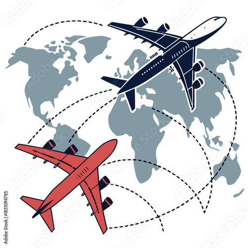 Two airplanes traveling across a world map with dotted flight paths connecting destinations