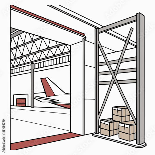 Airplane being serviced inside a large industrial hangar with open doors and stacked cargo boxes outside