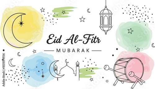 Eid al-Fitr watercolor celebration—vector with crescent moon, mosque, lantern, drum, stars, and festive splashes