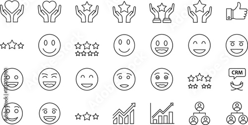 Customer feedback icon vector set, black-and-white line symbols for satisfaction, ratings, and performance metrics