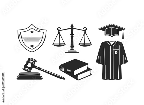 Legal court justice black icon set with color accents