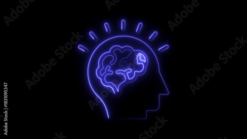 Blue neon silhouette of human head with brain and light rays on black background lightbulb rays idea