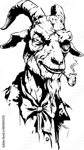 Vintage goat character with a pipe in its mouth. Hand-drawn outline vector illustration featuring a unique design and retro style suitable for art collections.