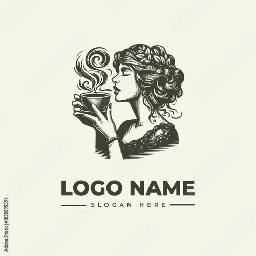 A classic engraving of a beautiful woman with a coffee cup, a vintage vector logo illustration for a cafe