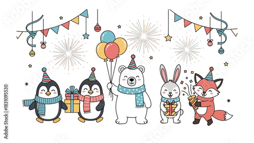 Festive Animal Gathering: A cheerful collection of charming animal friends, each donned with party hats and joyous smiles, gathers for a festive celebration.