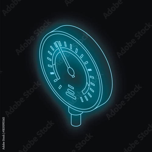 Glowing blue gauge measuring pressure, performance, and control in isometric view on a dark background