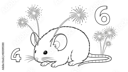 Mouse and Fireworks: An adorable mouse enjoys festive fireworks display. Perfect for children's books and educational content.