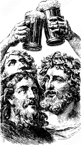 Engraving illustration of men raising glasses in celebration with beer. Vintage black outline drawing in a retro vector style.