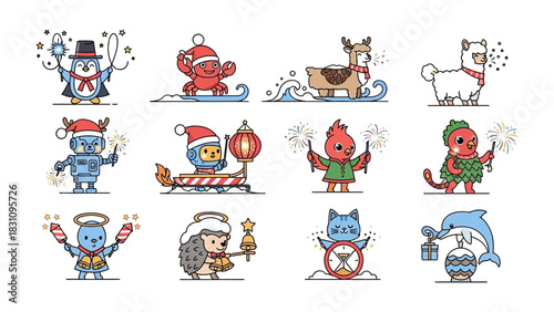 Whimsical Winter Festive Collection: A vibrant illustration showcasing a collection of cartoon animals, each uniquely adorned and prepared for a winter celebration.