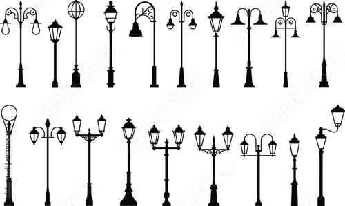 Assortment of decorative street light poles in silhouette on white background Keywords: street light, lamppost, light pole