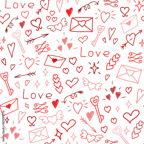 Romantic Red Doodle Pattern With Hearts Envelopes Keys And Wings For Valentine Themed Design