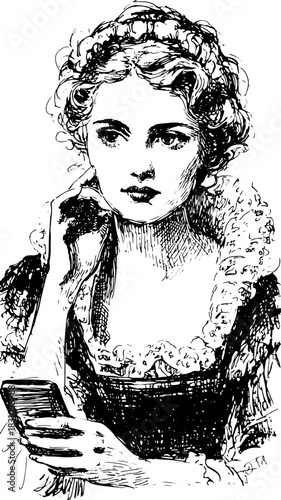 Antique engraving illustration of a woman holding a device. A hand-drawn black line set showcasing intricate detail and vintage style.