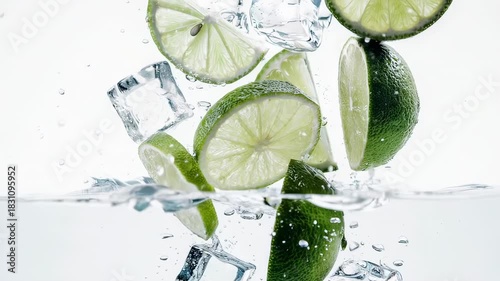Lime Slices and Ice Cubes Plunging into Water - A Refreshing Splash.