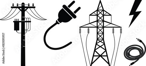 Black silhouette icons of electrical equipment including pole, plug, tower, and lightning electricity