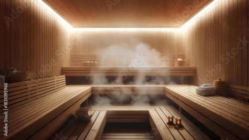 Wooden sauna interior with steam