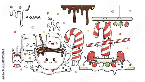 Sweet Treat Delights: A whimsical illustration featuring adorable characters indulging in the joyful creation of delectable sweets, perfect for igniting sweet cravings!