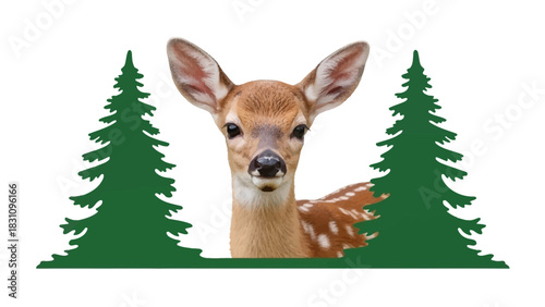 Fawn in Evergreen Frame: An endearing fawn, with its gentle gaze, framed between stylized evergreen trees, evokes a sense of woodland serenity. 