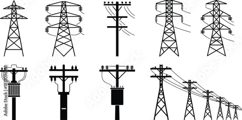 Assortment of Electricity Transmission Towers and Poles Silhouettes Keywords: electricity, power, energy, transmission