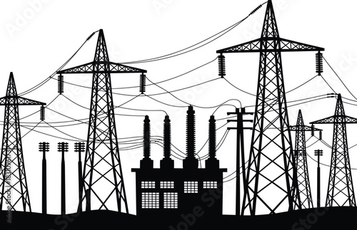 Black Silhouette of a Power Substation with Transmission Towers and Utility Poles electricity