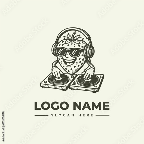 Happy strawberry DJ mascot vector logo illustration in a hand-drawn engraving style with turntables and headphones, 102.eps