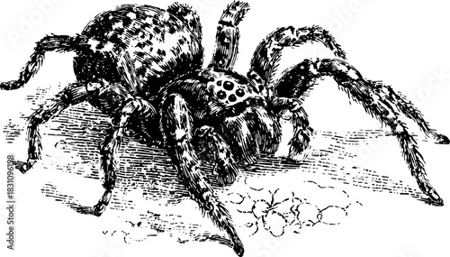 Vintage spider illustration in black outline style. Detailed vector art showcasing the unique anatomy of this insect in a classic design set.