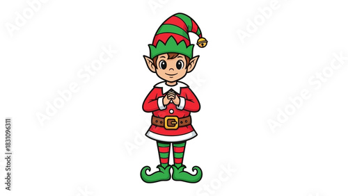 Festive Elf Illustration: A cheerful elf, dressed in a vibrant red and green ensemble, radiates holiday spirit and festive cheer.