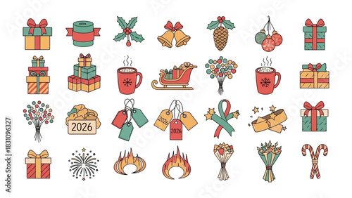 Christmas Cheer Icon Set: A vibrant array of Christmas-themed icons, including gifts, bells, ornaments, and festive decorations, perfect for seasonal designs.