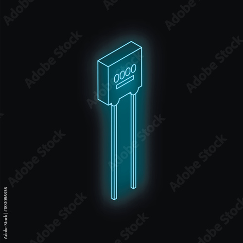 Neon blue isometric microchip or electronic component, possibly a diode or transistor, glowing on a black background