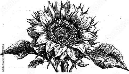 Sunflower black and white outline drawing in vintage style. This botanical illustration features intricate detailing in a vector format.
