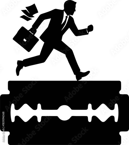 Businessman running on razor blade silhouette symbolizing risk, stress, and danger in professional life