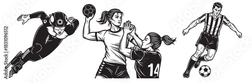 Dynamic Horizontal Illustration of Athletes Competing in Various Team Sports Like Handball and Soccer Action.