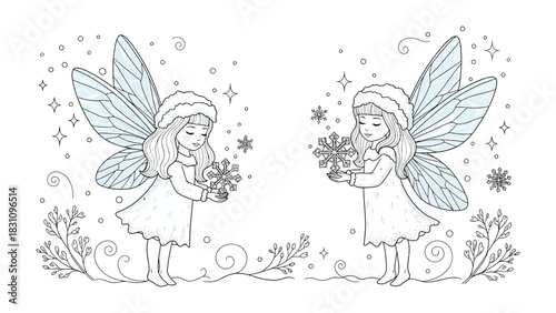 Whimsical Winter Fairies: A pair of delicate fairies, with enchanting wings and snowflake, captured in a magical scene that evokes a sense of winter wonder and graceful elegance.