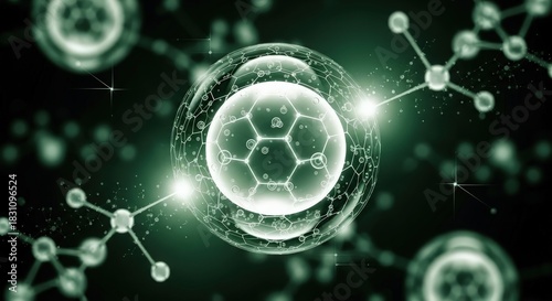 Abstract depiction of complex interconnected molecular structures against a dark green backdrop.